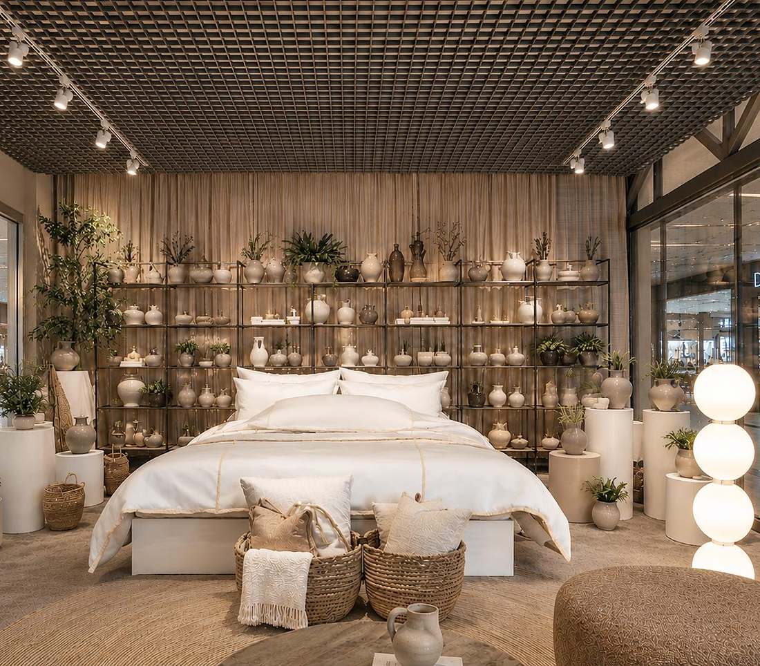 An Etnika interior: a made bed in front of a full-height shelf of pale ceramics and plants.