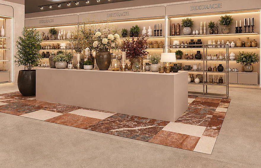 A decoration hall: vases, glass and candle holders on lit shelves above a marble floor.
