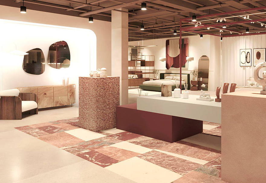 Mirrors, lamps and small objects arranged on terrazzo and plaster plinths.