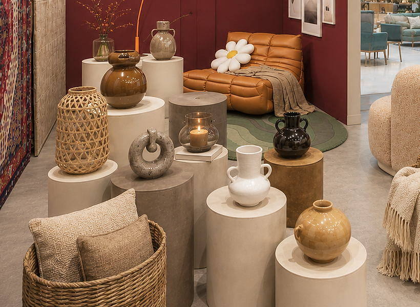 Ceramic vessels, woven baskets and linen cushions grouped on plaster plinths.