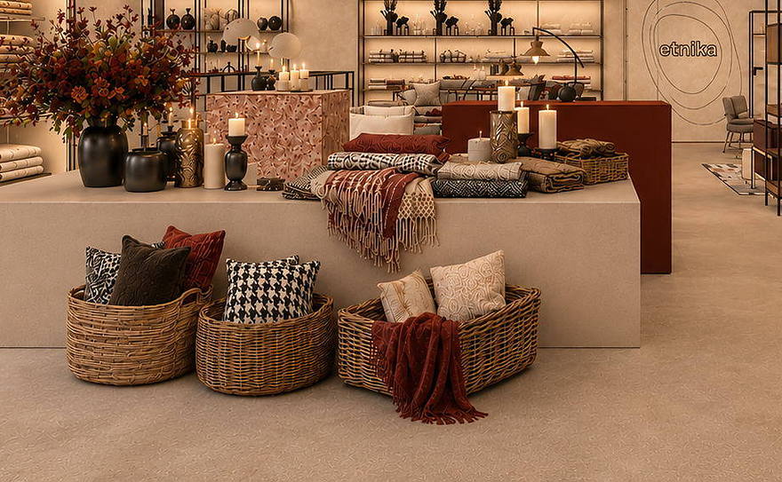 Folded throws, checked cushions and rattan baskets on a long display table.