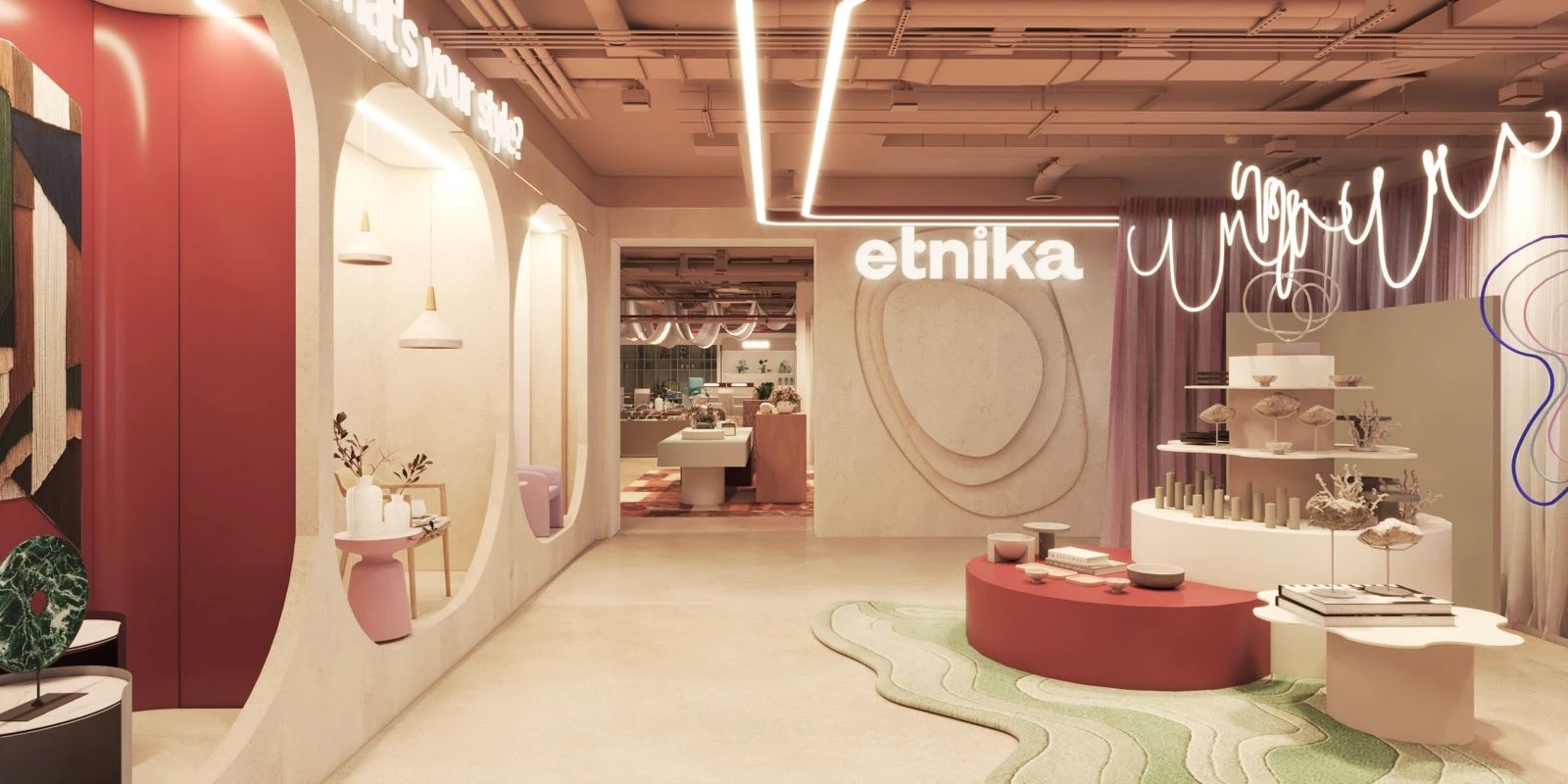 Inside the Etnika flagship: display tiers of ceramics and objects under neon signage.