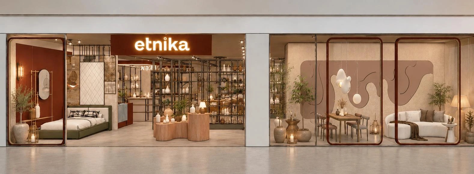 The Etnika mall format: an inline storefront with room-set display windows along a mall corridor.